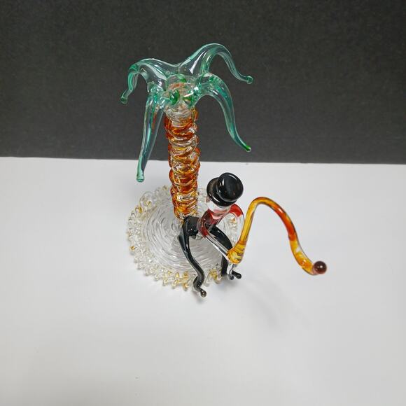 Hand Blown Spun Art Glass Man Fishing Under Palm Tree Figurine - Picture 10 of 11